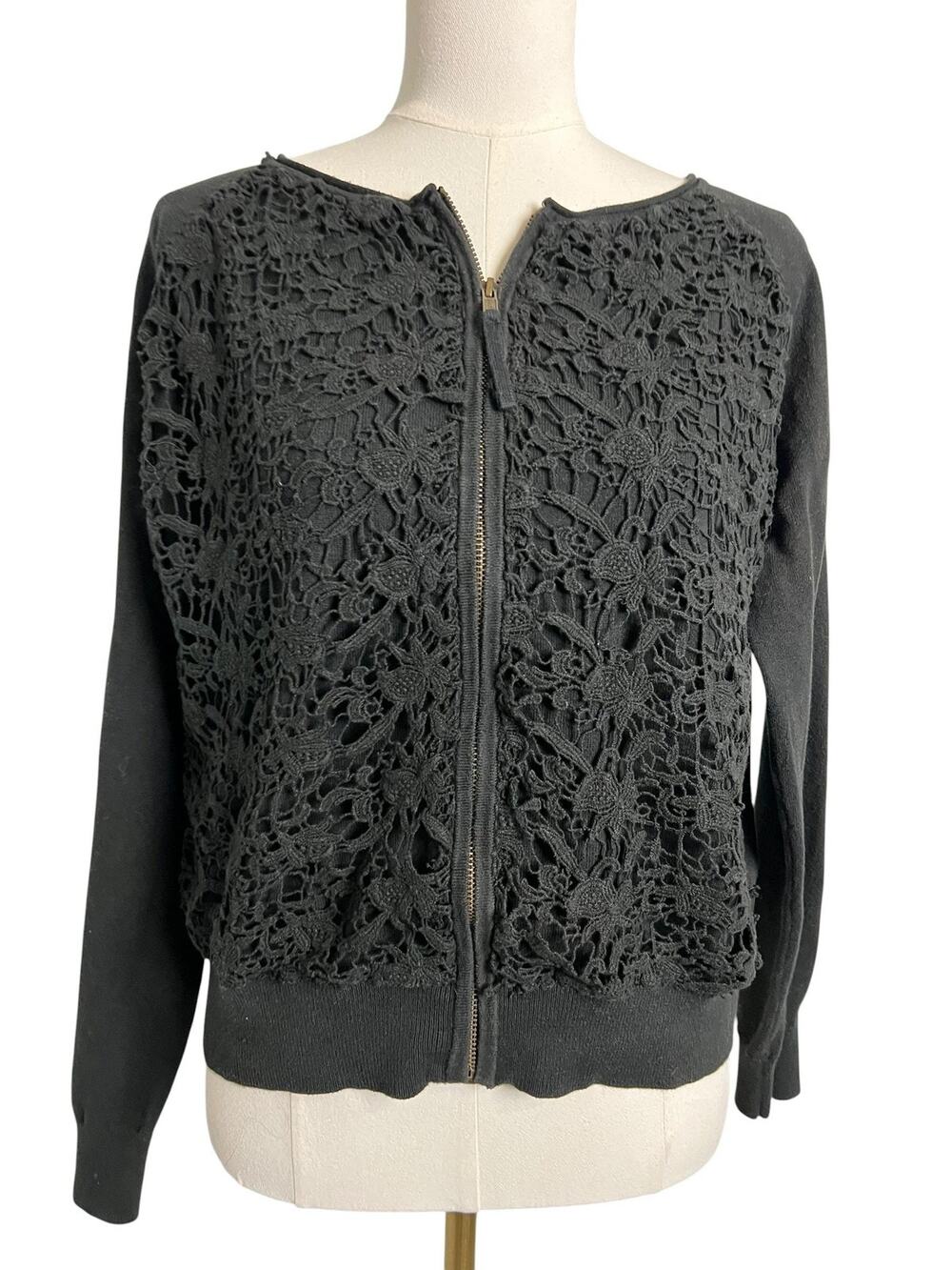 VIP Cardigan Sweater Womens PXL Black Crochet Lace Floral Full Zip Knit Top